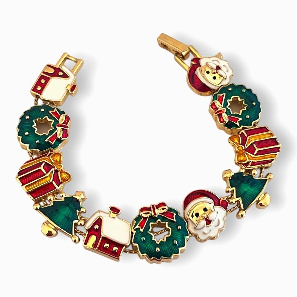 Vintage 1980s Christmas Slide Bracelet Enamel Holiday Gold Tone - 8M